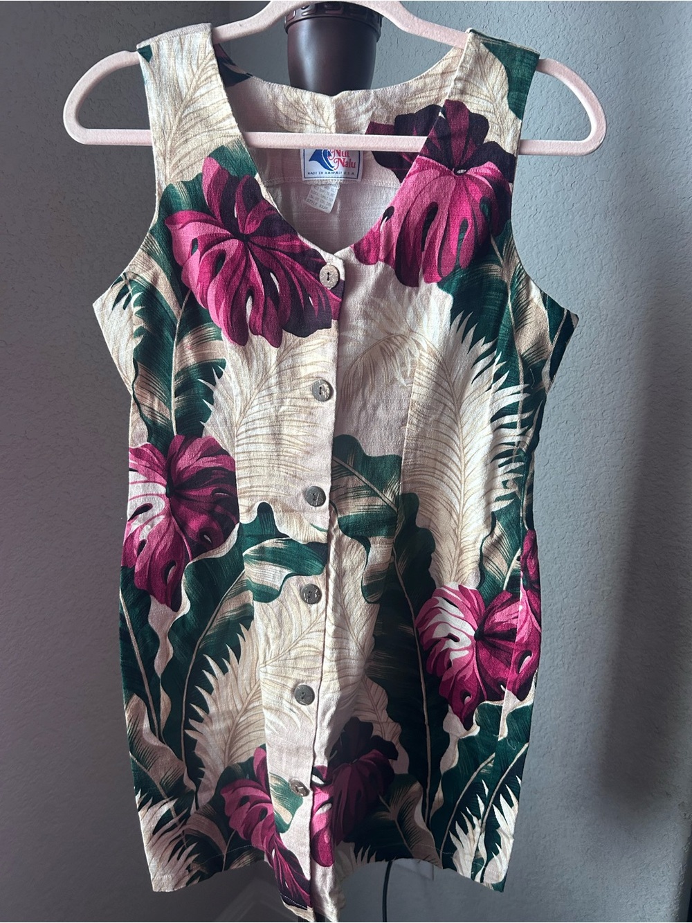 NUI NALU - 100% cotton beautiful Button-Front Sundress with Pink Monstera Print